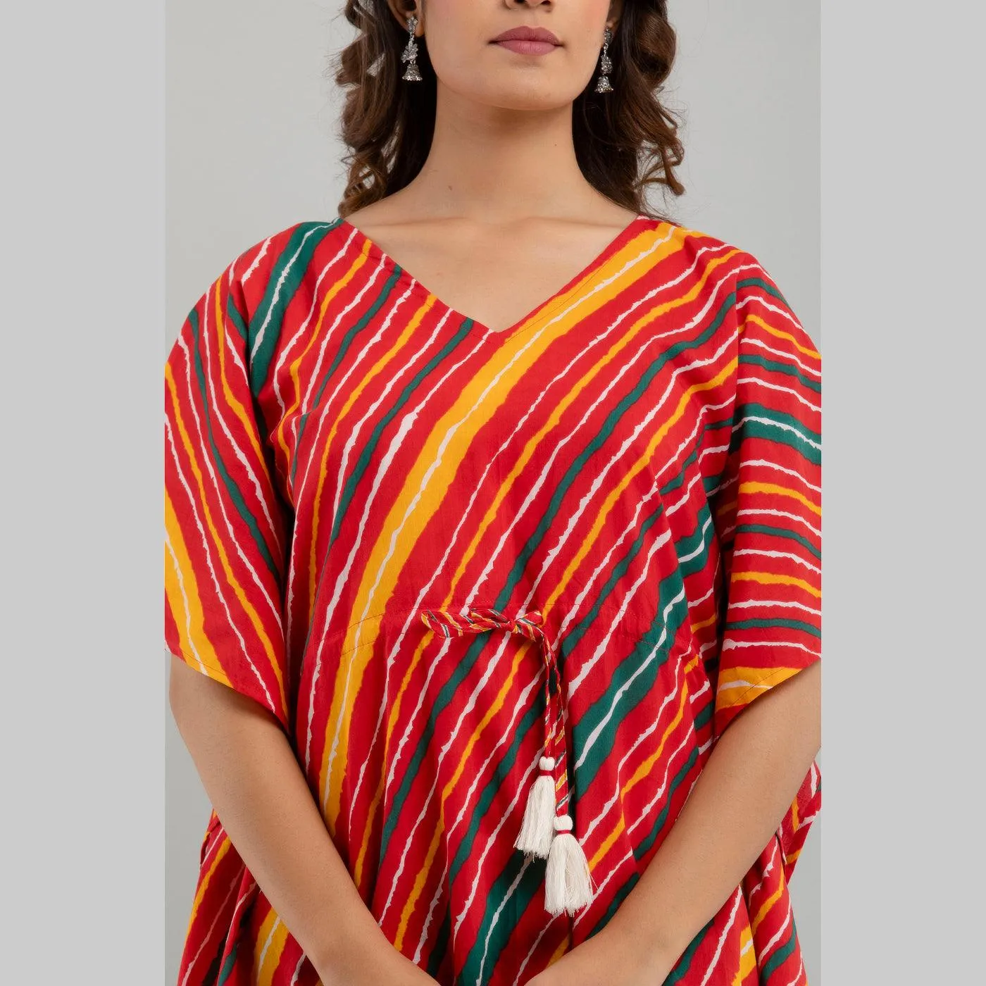 Red Leheriya Print Cotton Kaftan Dress (SHKUP1230)