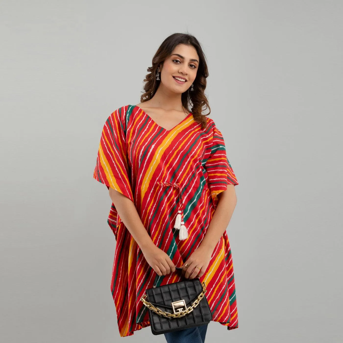 Red Leheriya Print Cotton Kaftan Dress (SHKUP1230)