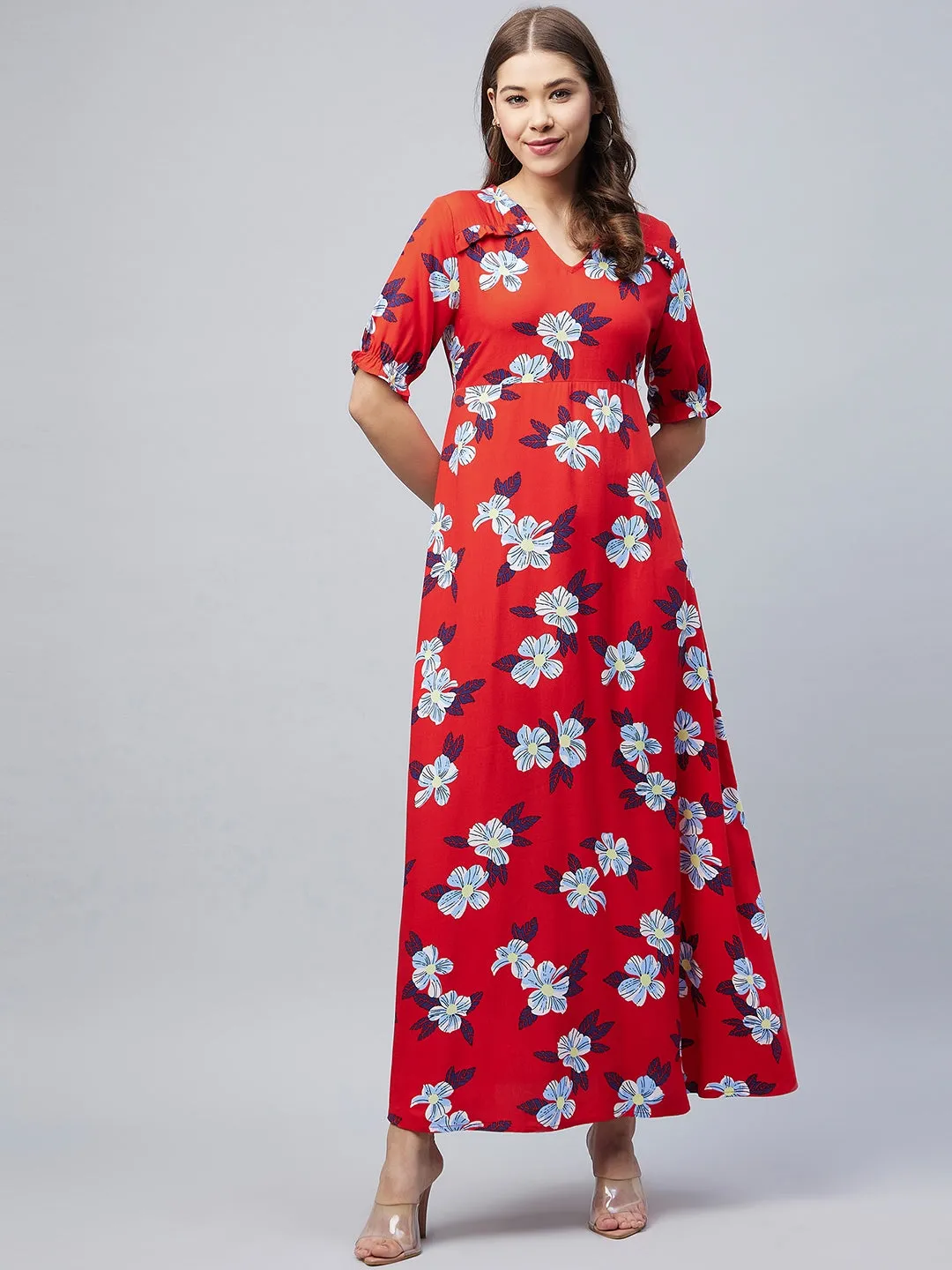 Red Rayon Tie & Dye Style Kaftan Dress With Tassels