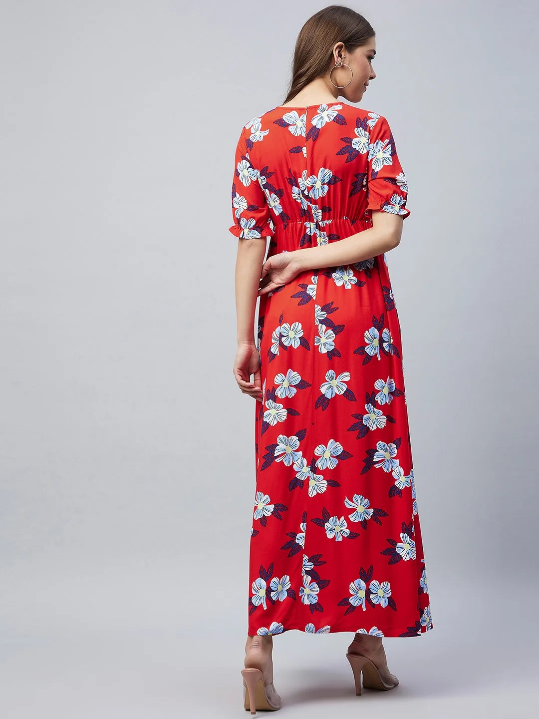 Red Rayon Tie & Dye Style Kaftan Dress With Tassels