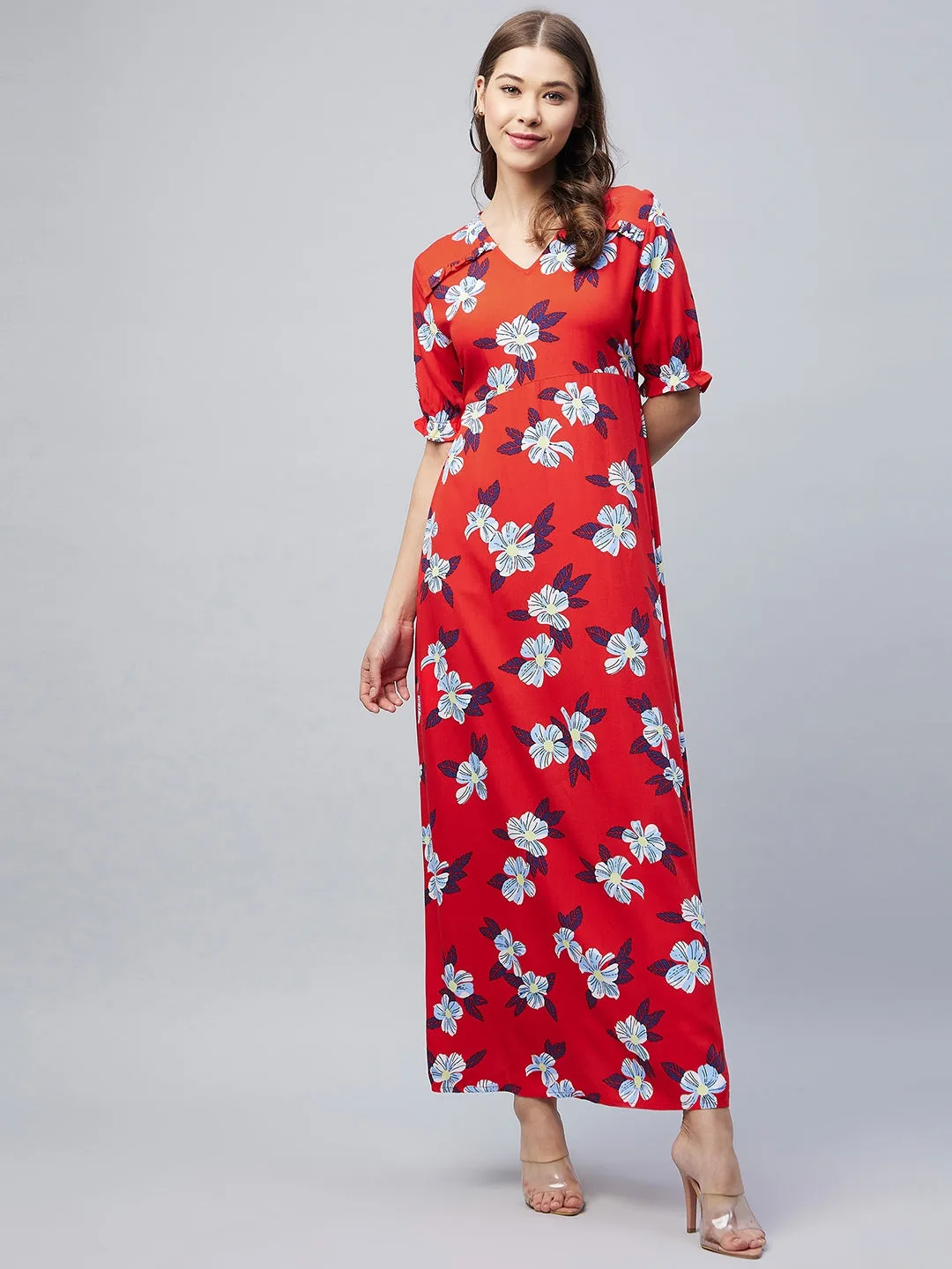 Red Rayon Tie & Dye Style Kaftan Dress With Tassels