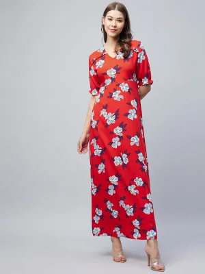 Red Rayon Tie & Dye Style Kaftan Dress With Tassels
