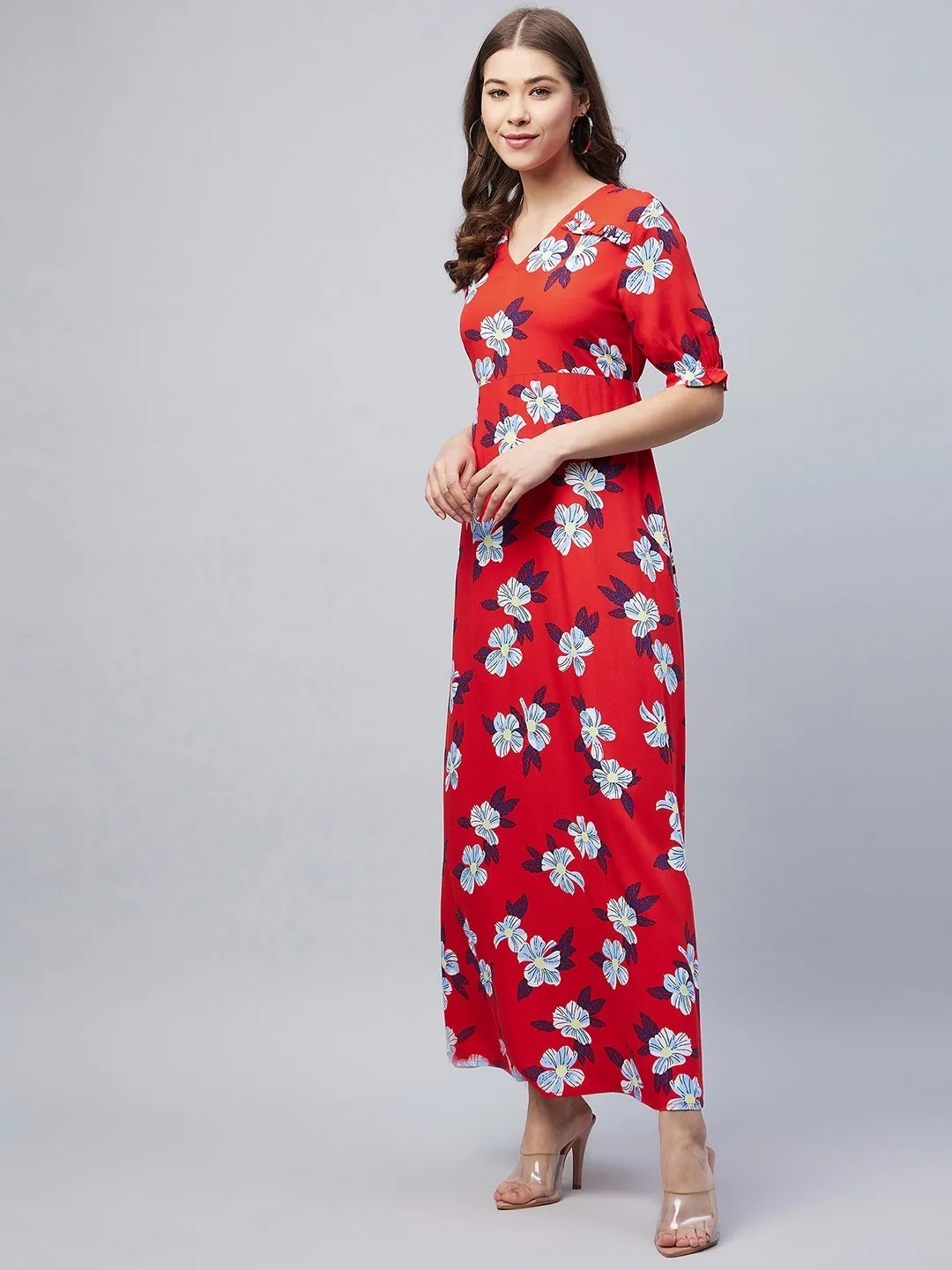 Red Rayon Tie & Dye Style Kaftan Dress With Tassels