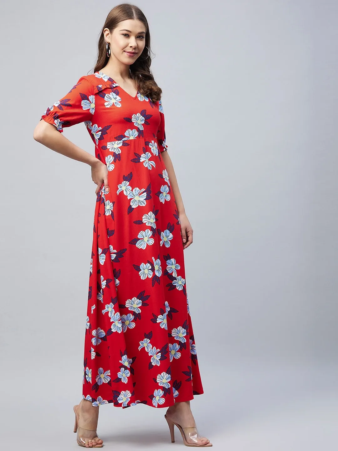 Red Rayon Tie & Dye Style Kaftan Dress With Tassels