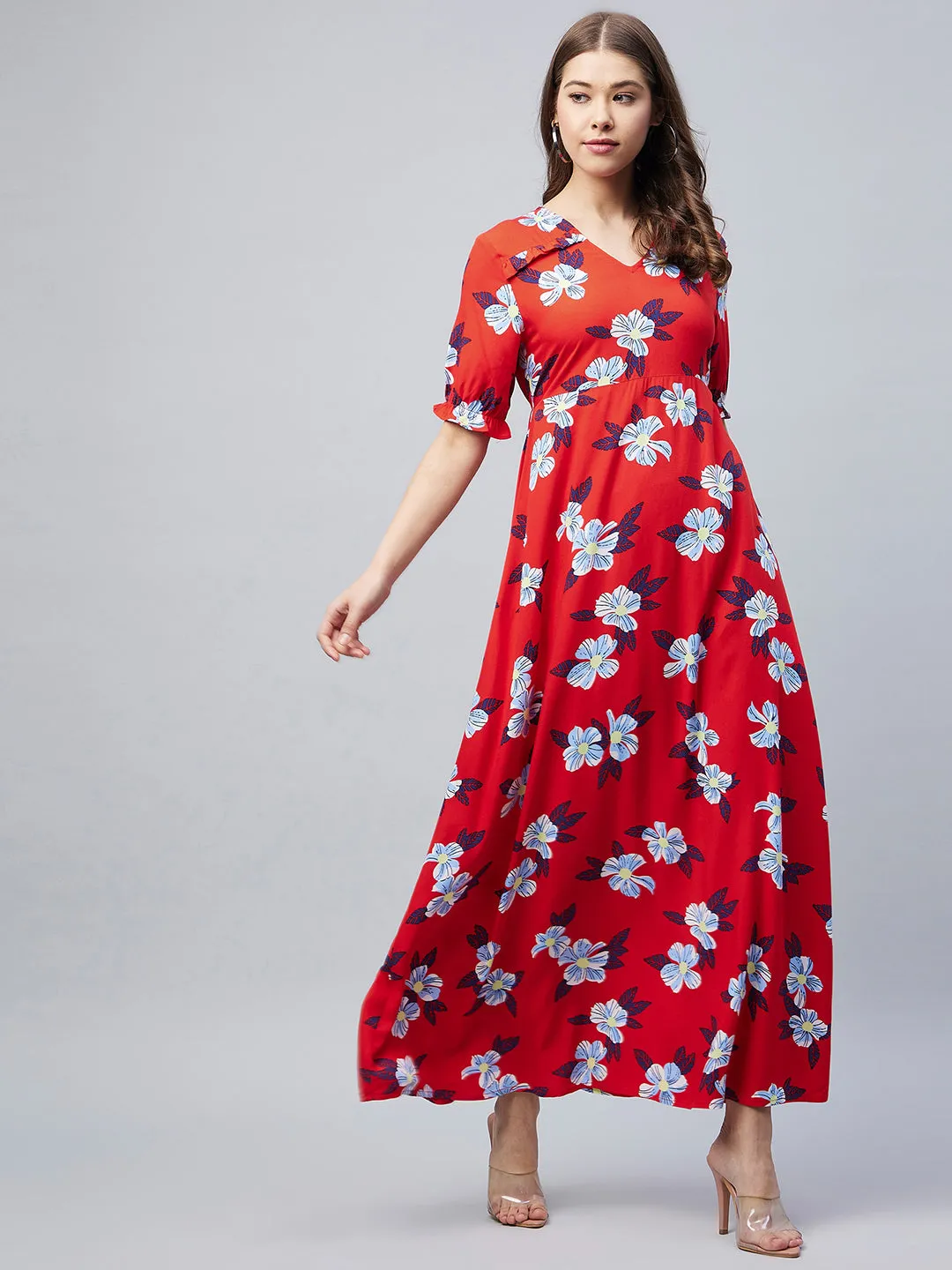 Red Rayon Tie & Dye Style Kaftan Dress With Tassels