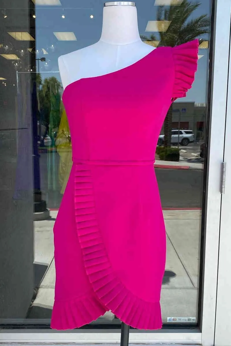 Ruffle Sleeve Fuchsia Short Dress, One Shoulder Homecoming Dresses