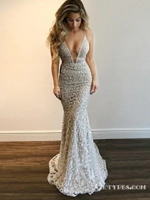 Sexy Deep V-neck Long Cheap Mermaid Prom Dresses With Beaded, TYP1819