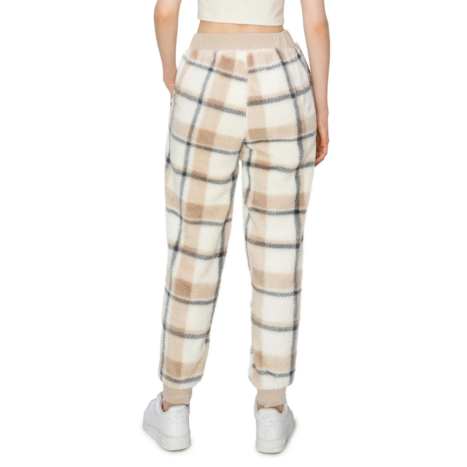 Sherpa Plaid Joggers Sweatpants - Khaki