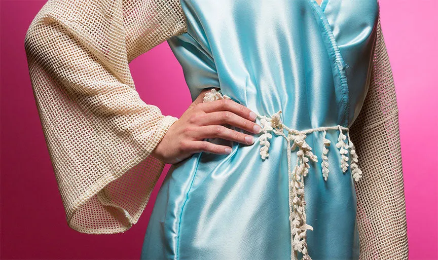 Sky Blue Satin Robe with Full Length Lace Sleeves
