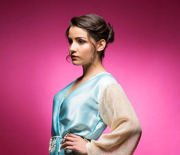 Sky Blue Satin Robe with Full Length Lace Sleeves