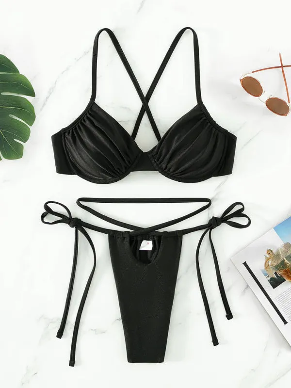 Solid Underwire Bra and Micro Bikini Bottoms - 2 Piece Swimwear