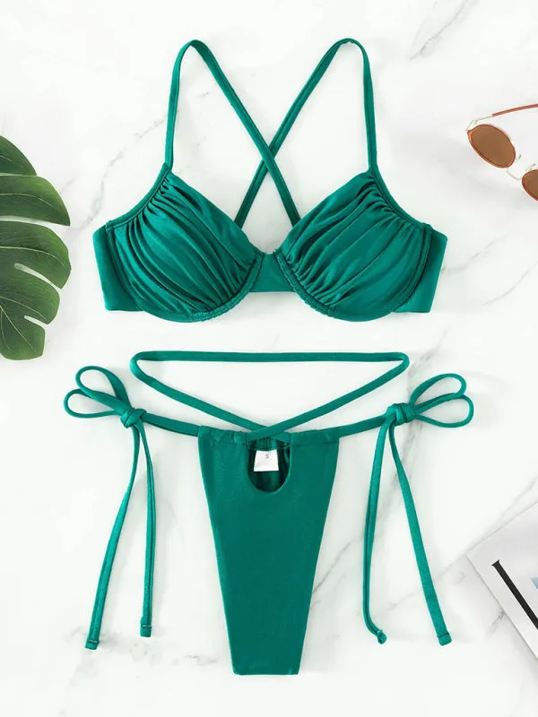 Solid Underwire Bra and Micro Bikini Bottoms - 2 Piece Swimwear