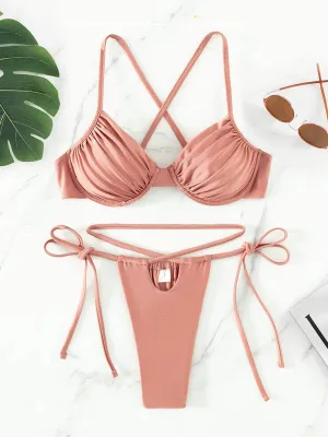 Solid Underwire Bra and Micro Bikini Bottoms - 2 Piece Swimwear