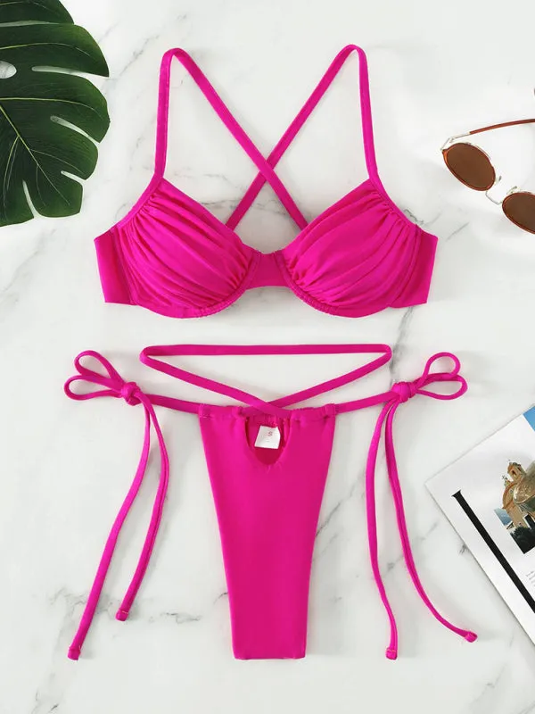 Solid Underwire Bra and Micro Bikini Bottoms - 2 Piece Swimwear