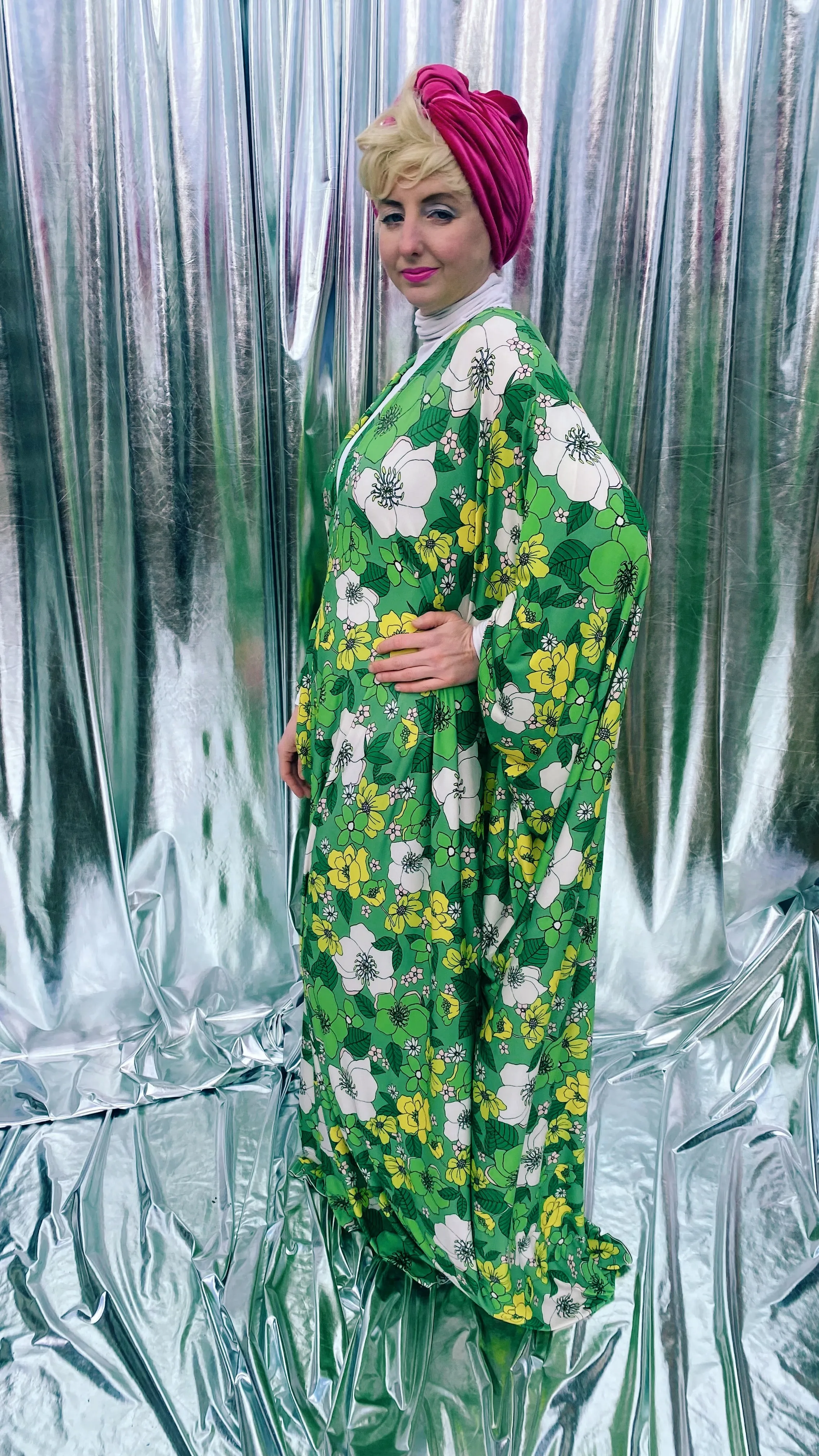 Spring Flower power floral Green and white Kaftan Gown