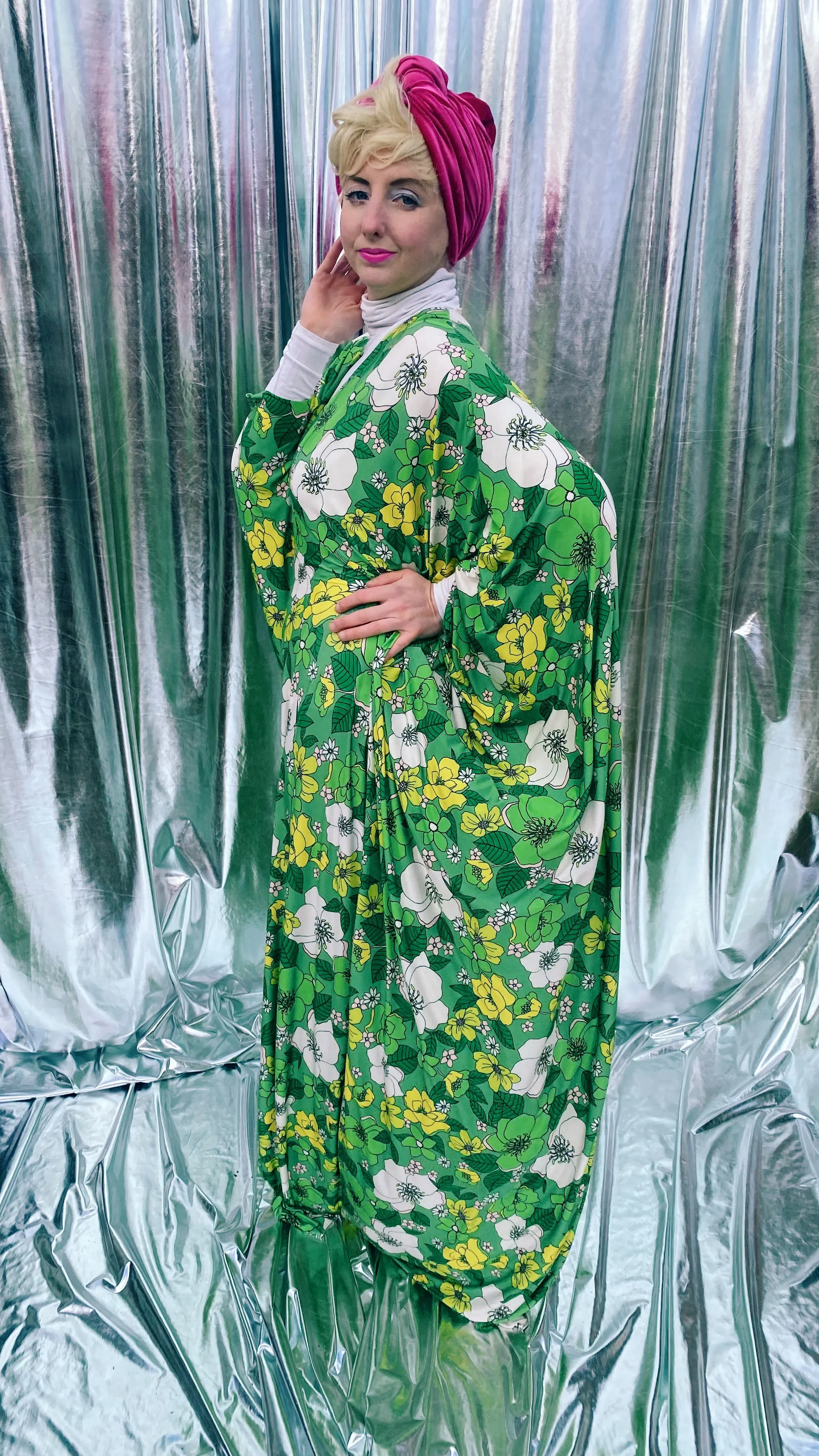 Spring Flower power floral Green and white Kaftan Gown