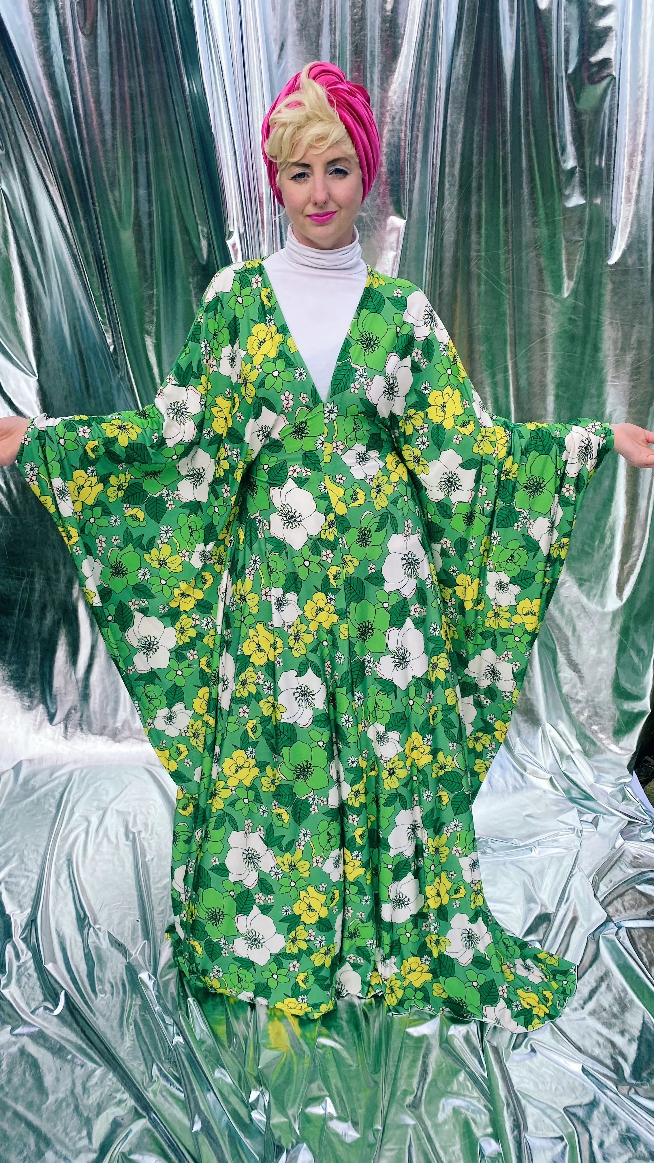 Spring Flower power floral Green and white Kaftan Gown