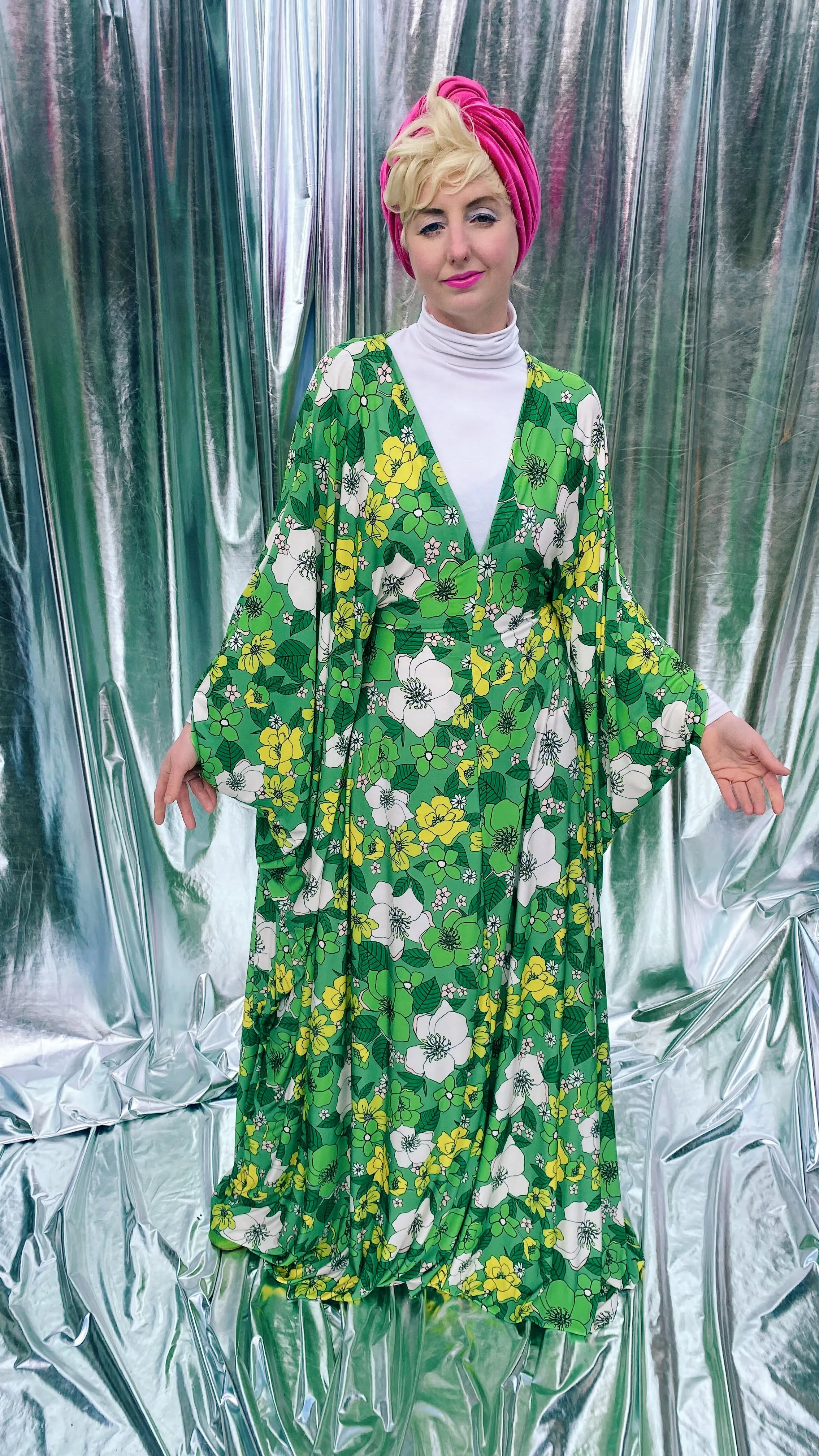 Spring Flower power floral Green and white Kaftan Gown
