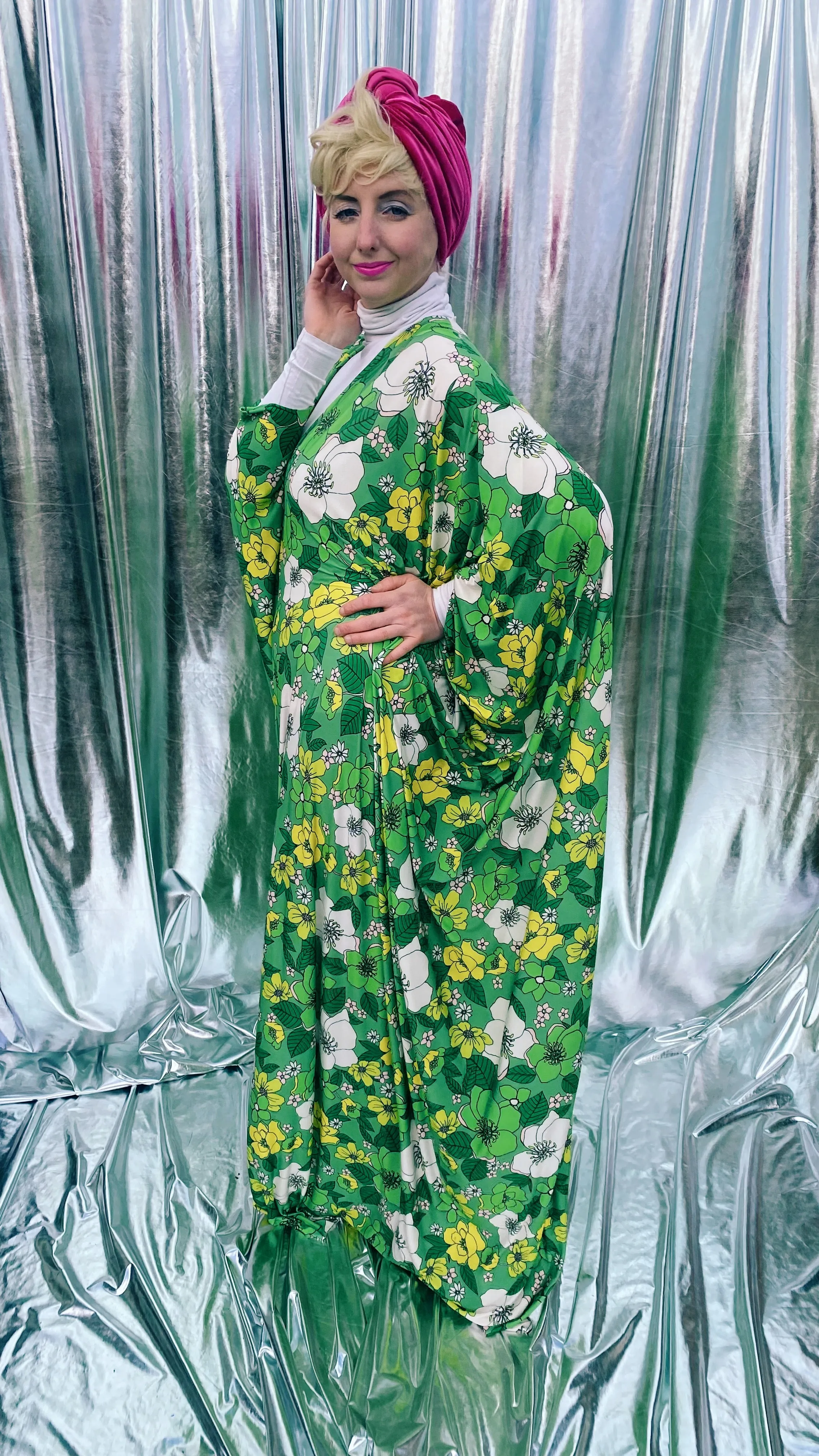 Spring Flower power floral Green and white Kaftan Gown