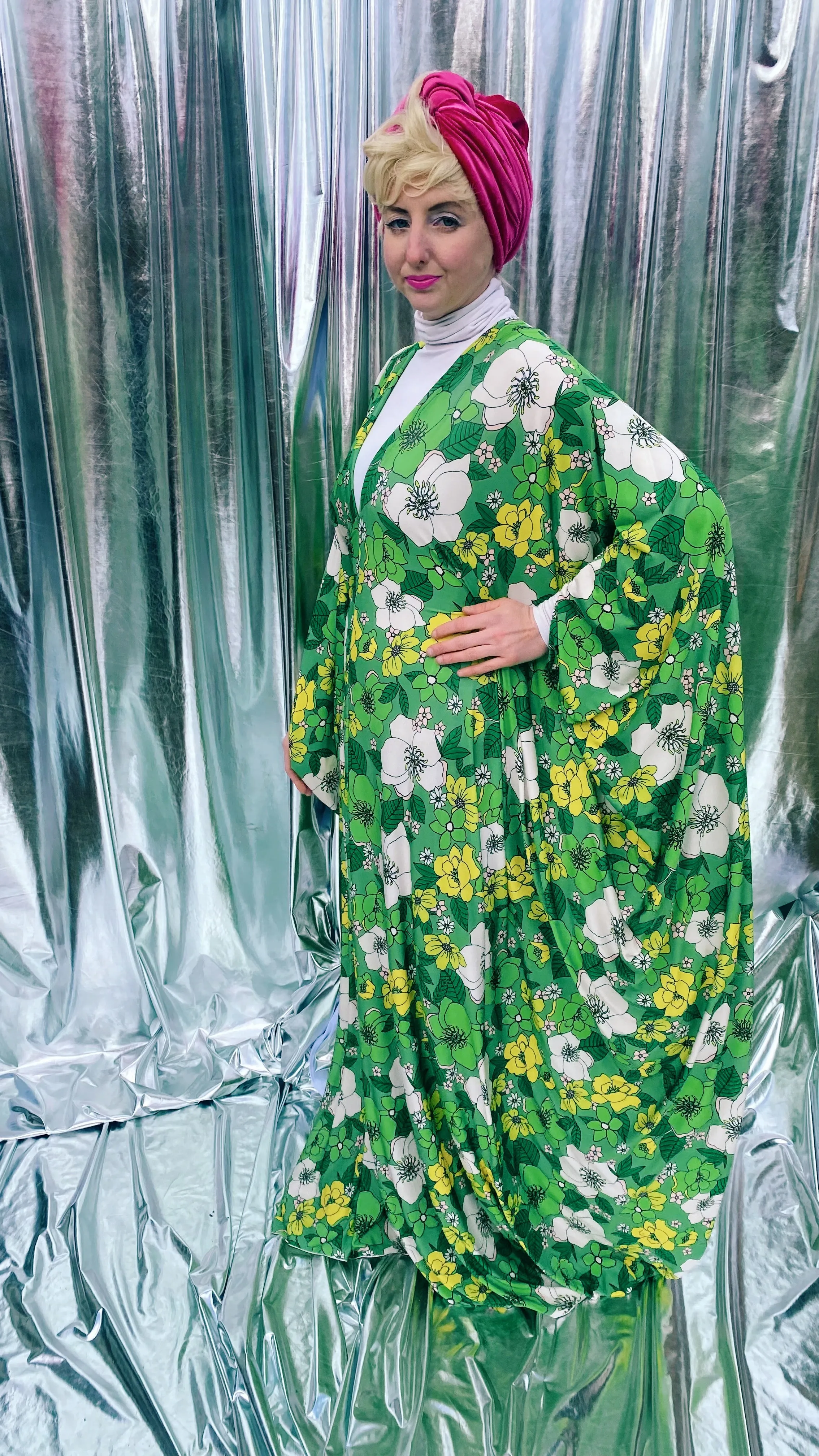 Spring Flower power floral Green and white Kaftan Gown