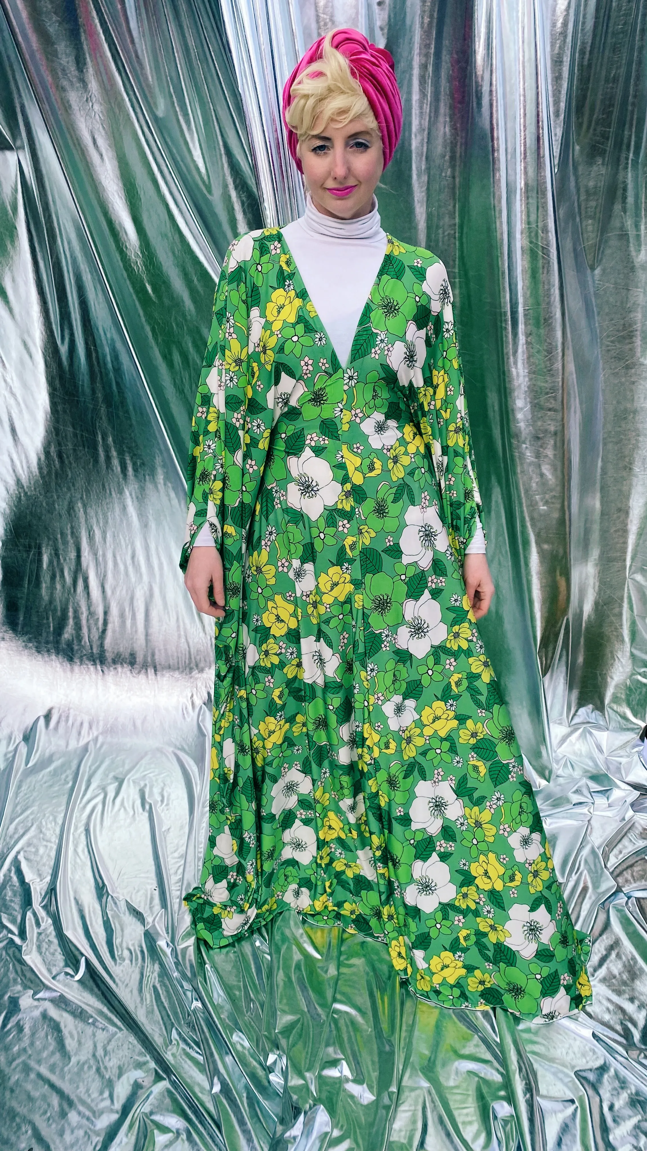 Spring Flower power floral Green and white Kaftan Gown