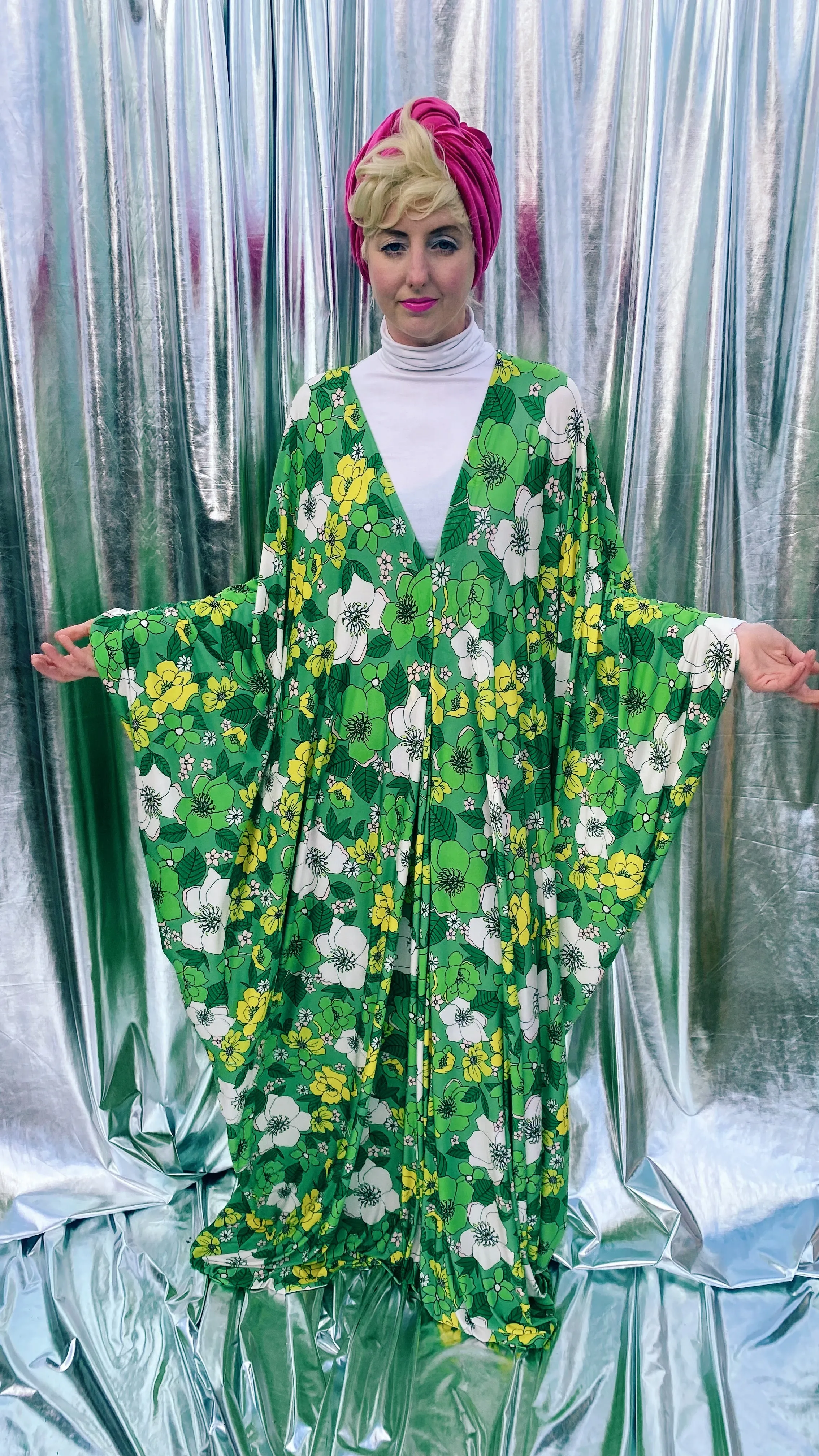 Spring Flower power floral Green and white Kaftan Gown