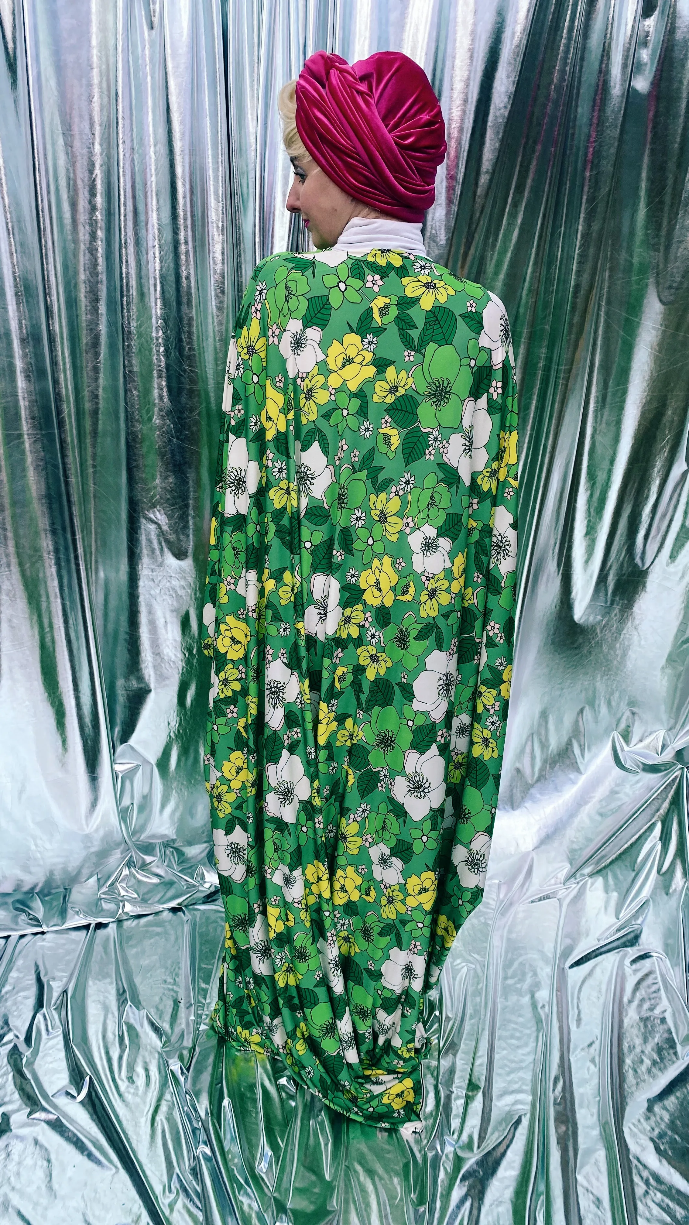 Spring Flower power floral Green and white Kaftan Gown