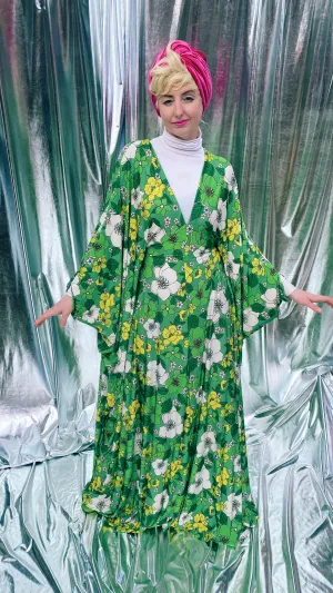 Spring Flower power floral Green and white Kaftan Gown