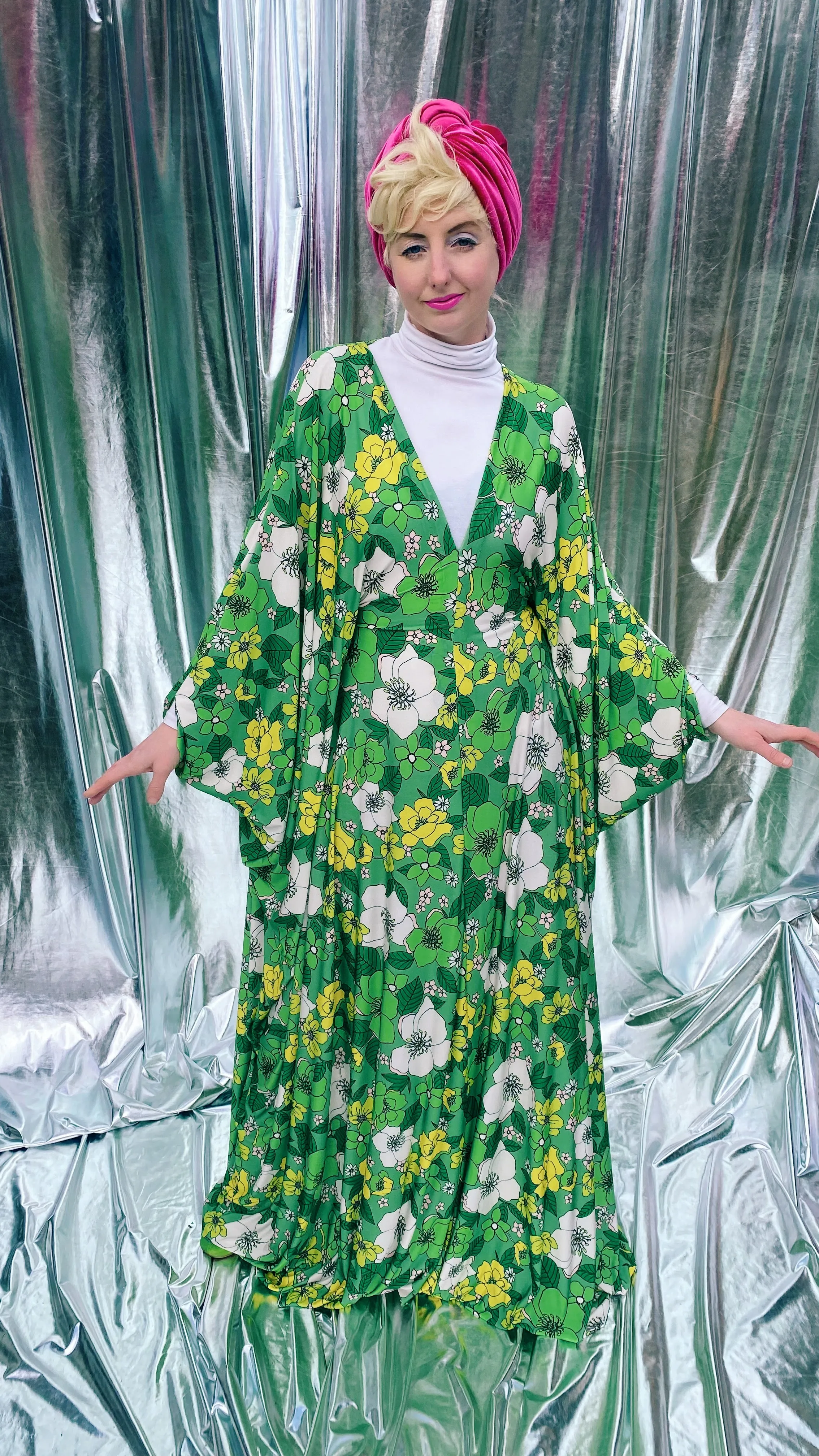 Spring Flower power floral Green and white Kaftan Gown
