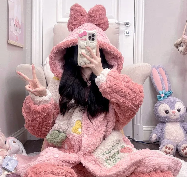 Strawberry Pink Thick Winter Pajamas Hooded Bathrobe & Pants Set