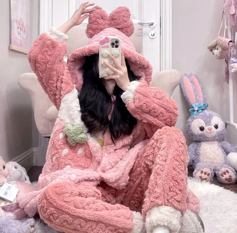 Strawberry Pink Thick Winter Pajamas Hooded Bathrobe & Pants Set