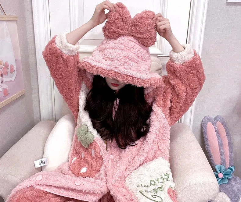 Strawberry Pink Thick Winter Pajamas Hooded Bathrobe & Pants Set