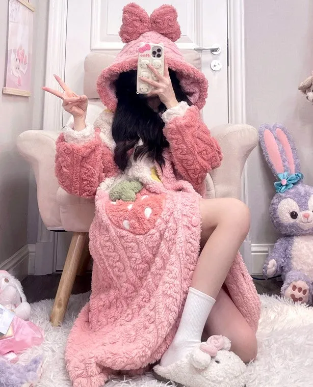 Strawberry Pink Thick Winter Pajamas Hooded Bathrobe & Pants Set