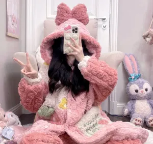 Strawberry Pink Thick Winter Pajamas Hooded Bathrobe & Pants Set