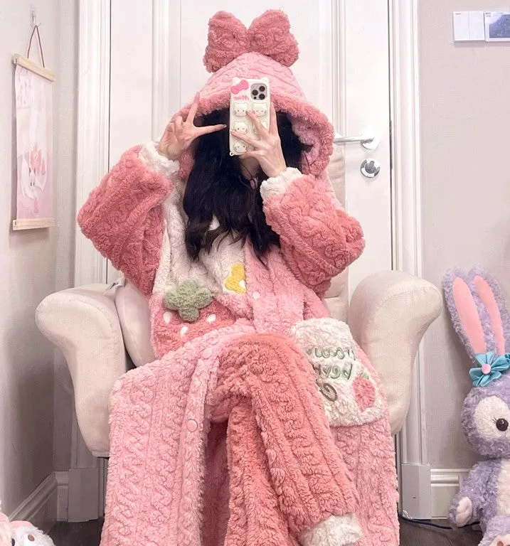 Strawberry Pink Thick Winter Pajamas Hooded Bathrobe & Pants Set