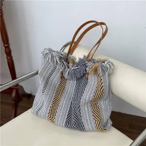 Striped Woven Knit Knitting Shoulder Tote Bag-Showtown