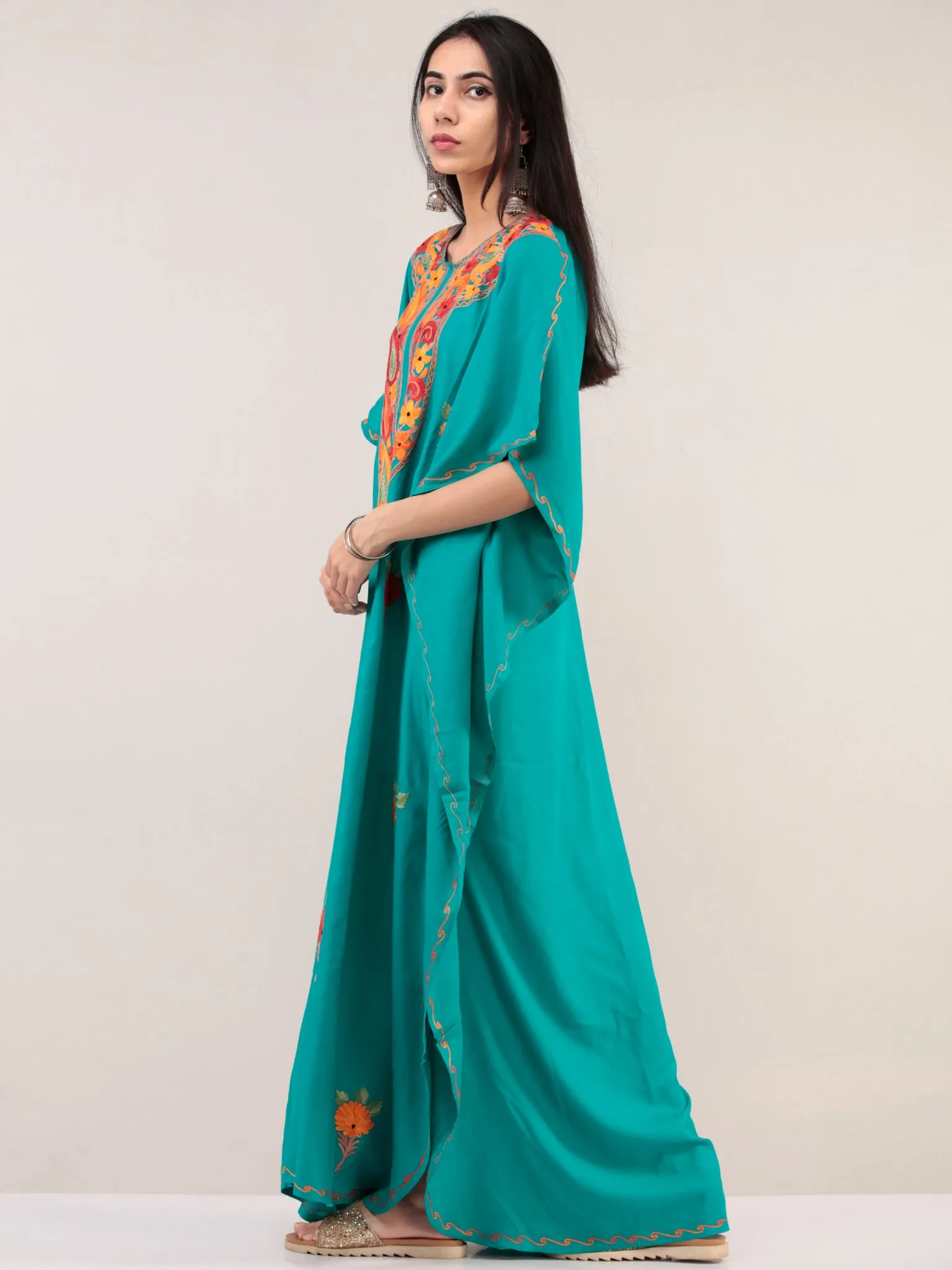 Turquoise Aari Embroidered Kashmere Free Size Kaftan  - K12K054