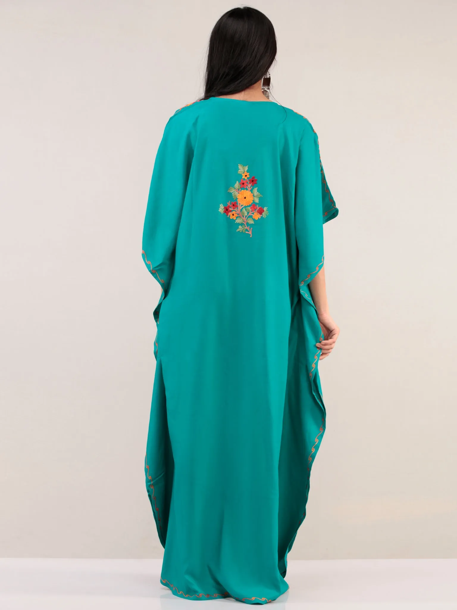 Turquoise Aari Embroidered Kashmere Free Size Kaftan  - K12K054