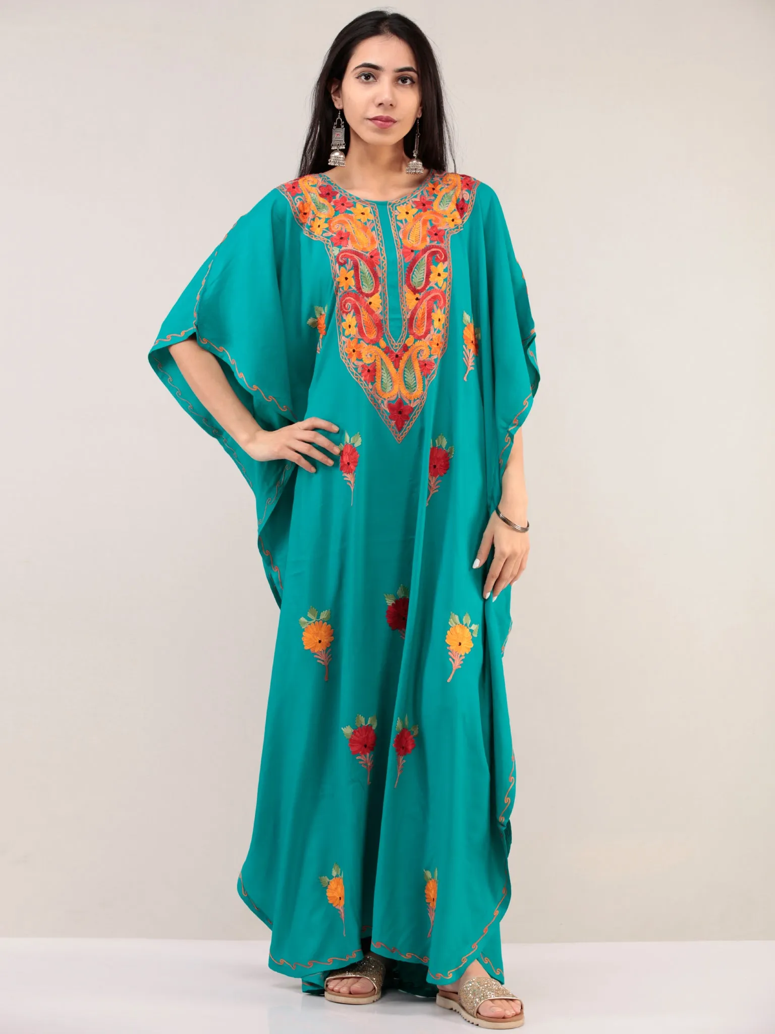 Turquoise Aari Embroidered Kashmere Free Size Kaftan  - K12K054