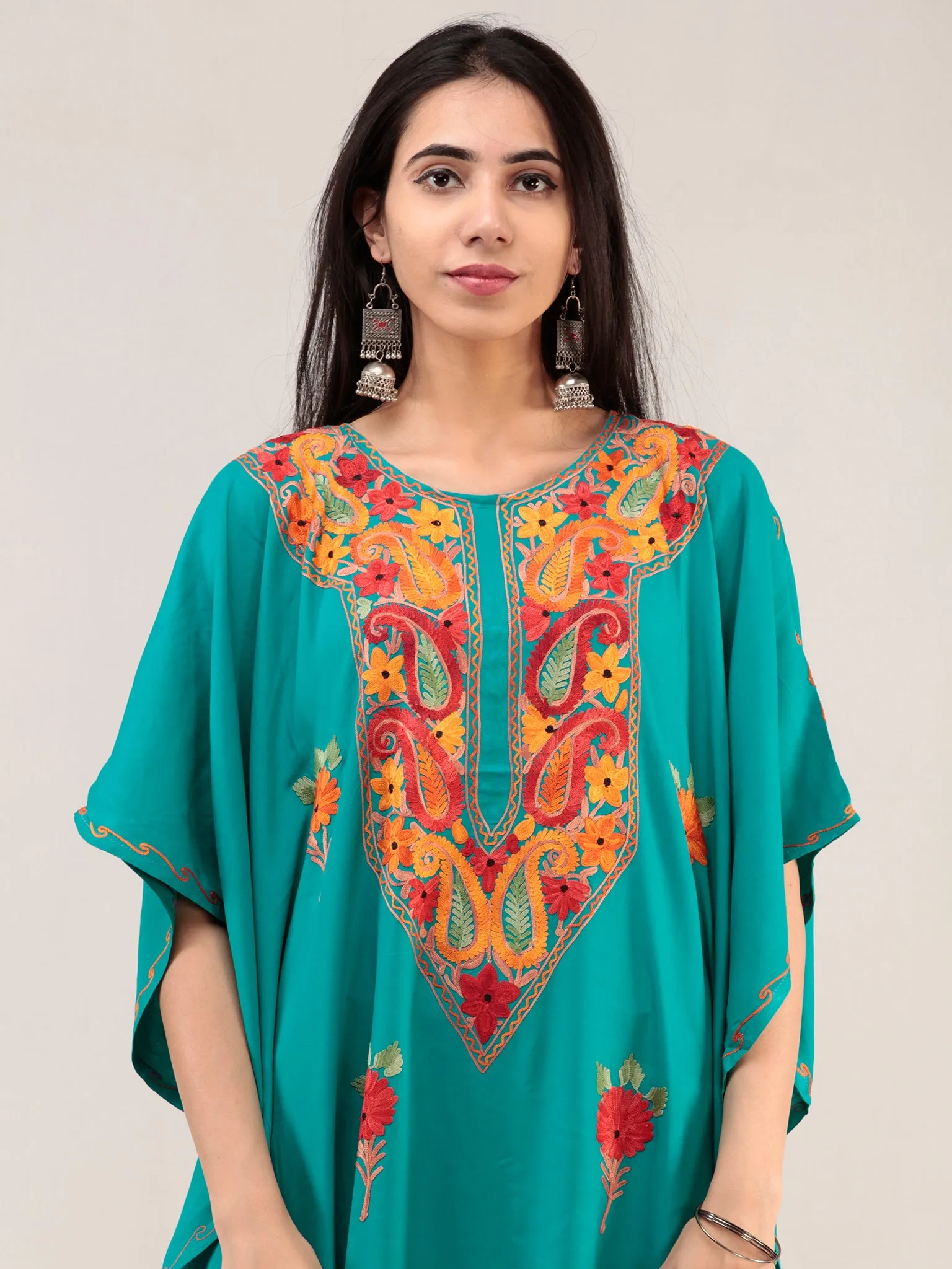 Turquoise Aari Embroidered Kashmere Free Size Kaftan  - K12K054