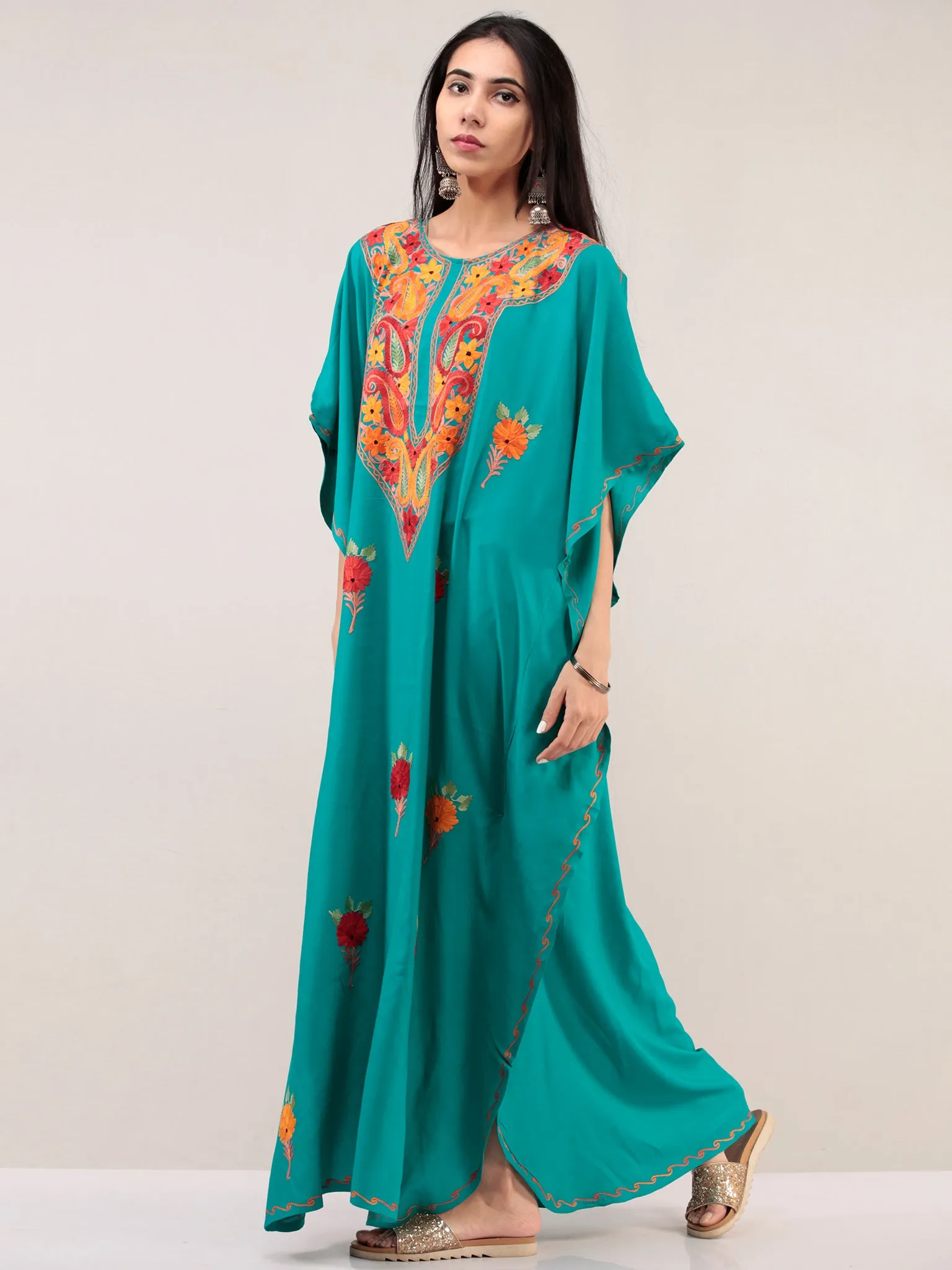Turquoise Aari Embroidered Kashmere Free Size Kaftan  - K12K054