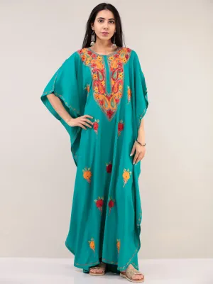 Turquoise Aari Embroidered Kashmere Free Size Kaftan  - K12K054