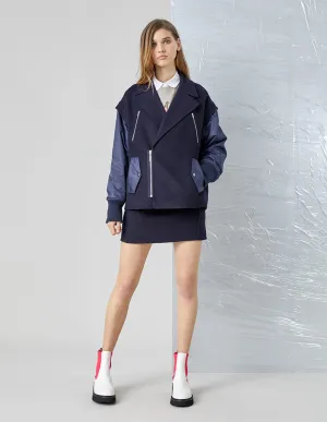 Women Detachable Sleeves Fabric Block Coat