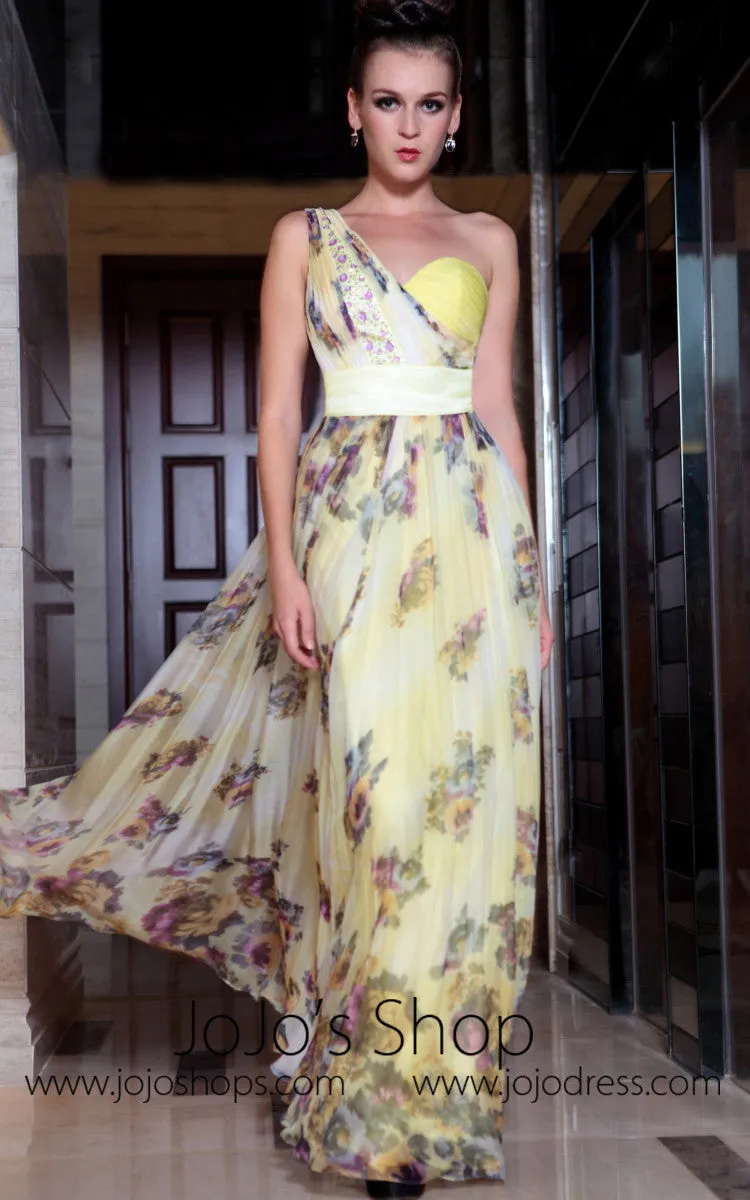 Yellow Multicolor Grecian One Shoulder Evening Dress Medium