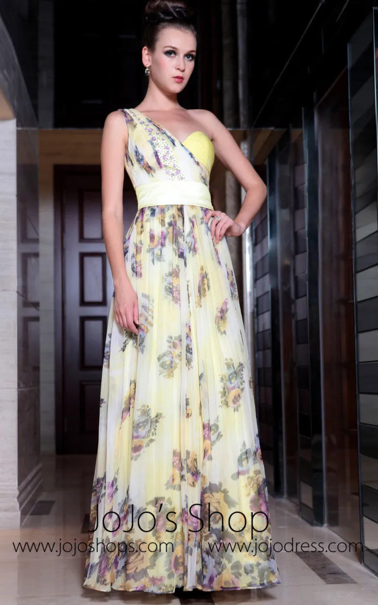 Yellow Multicolor Grecian One Shoulder Evening Dress Medium