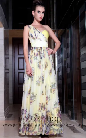 Yellow Multicolor Grecian One Shoulder Evening Dress Medium