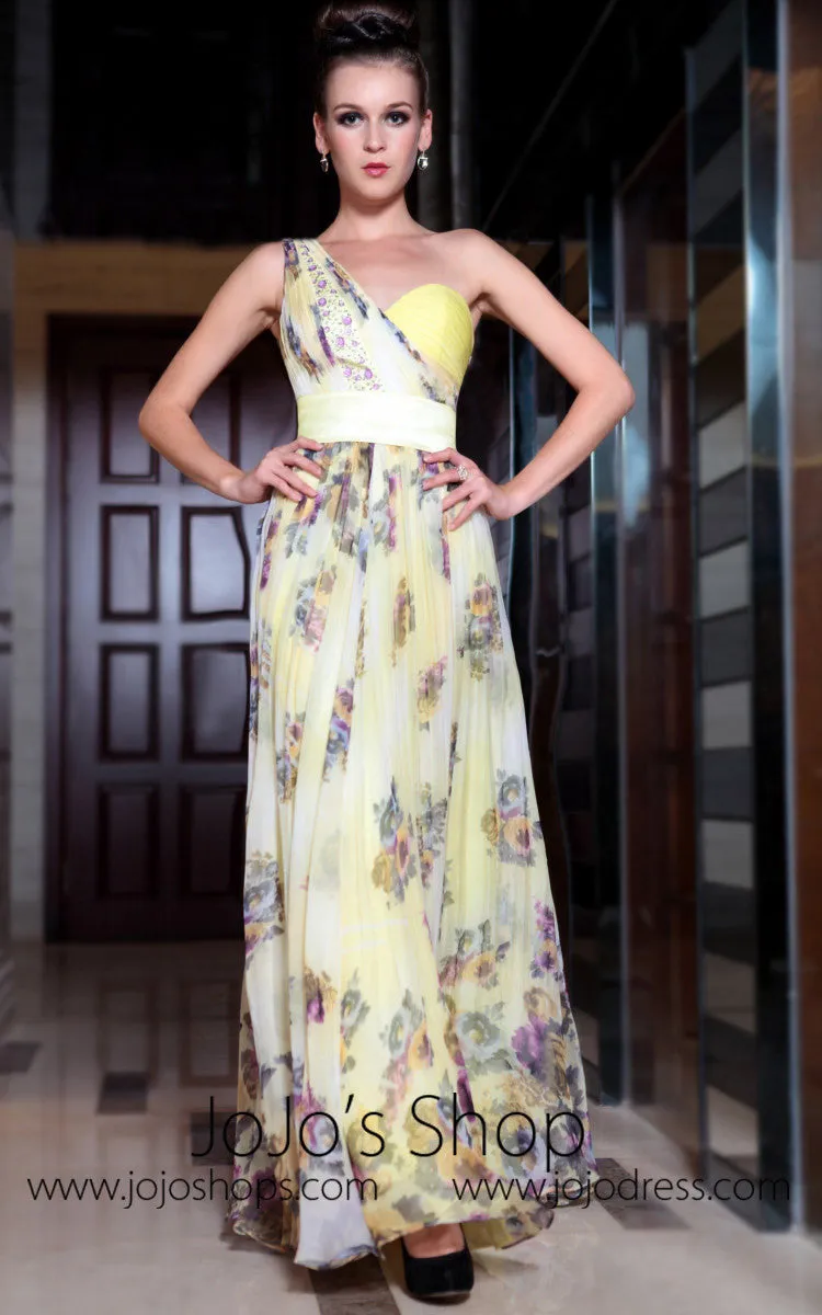 Yellow Multicolor Grecian One Shoulder Evening Dress Medium